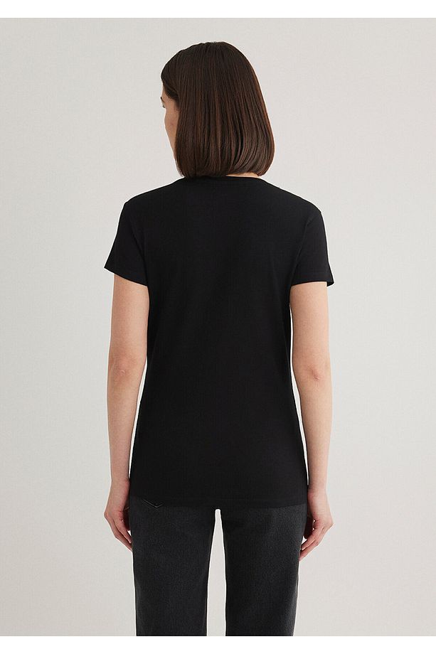 V Yaka Siyah Basic Stretch Tişört Fitted / Vücuda Oturan Kesim 162769-900 - 4