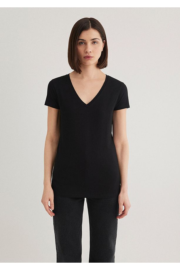 V Yaka Siyah Basic Stretch Tişört Fitted / Vücuda Oturan Kesim 162769-900 - 3