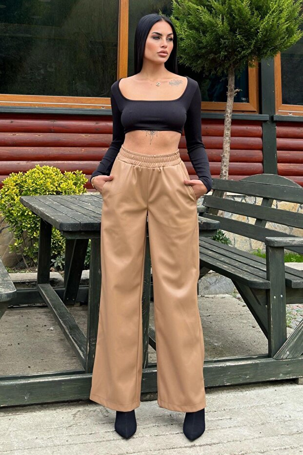 Tan Elastic High Waist, Pocket, Wide Leg, Loose Leather Pants - Suitable for Hijab