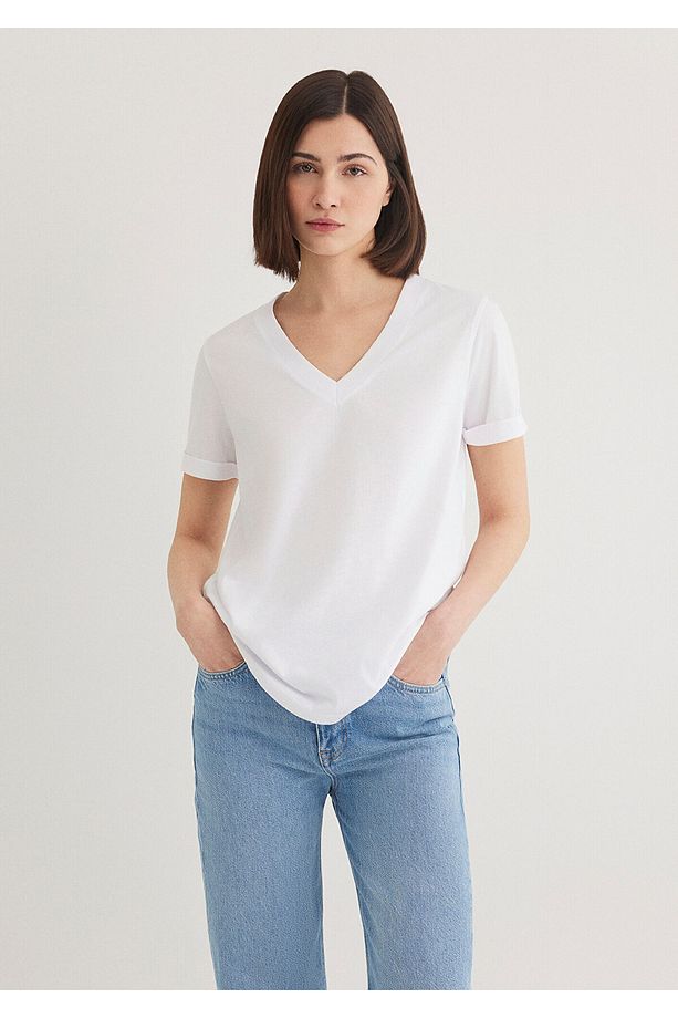 V Yaka Beyaz Basic Tişört Regular Fit / Normal Kesim 166248-620 - 1