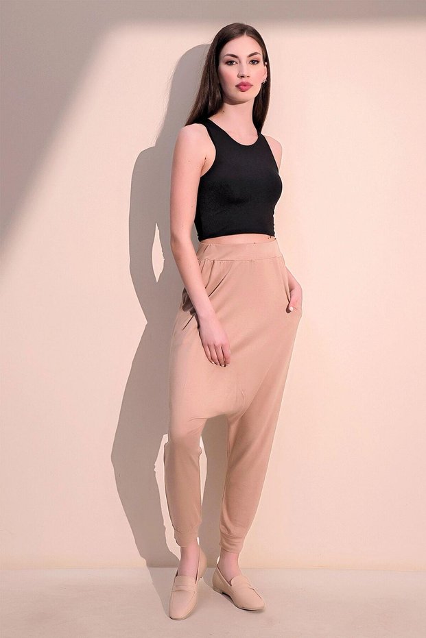 Women's Beige Casual Fabric Pocket Baggy Trousers with Elastic Waist and Legs