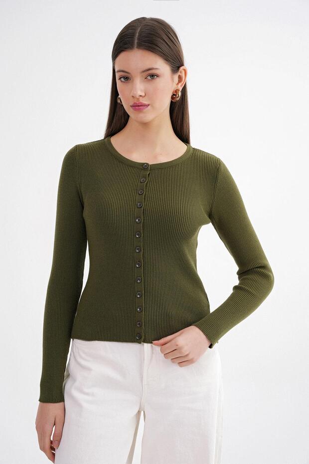 6931 Women's Buttoned Ribbed Knitwear Cardigan Khaki