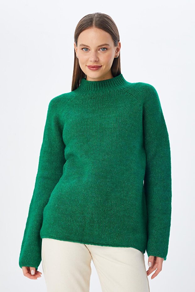 6849 Women's Seamless Stand Collar Knit Sweater Green