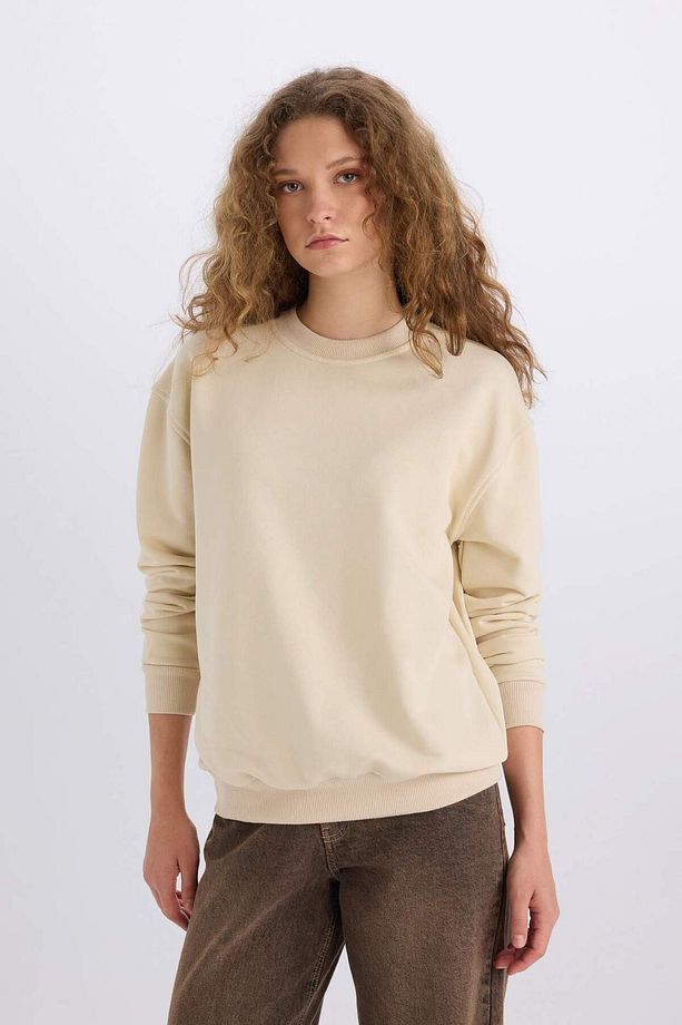 Oversize Geniş Kalıp Bisiklet Yaka Basic Düz Kalın Sweatshirt E3859AX24WN - 4