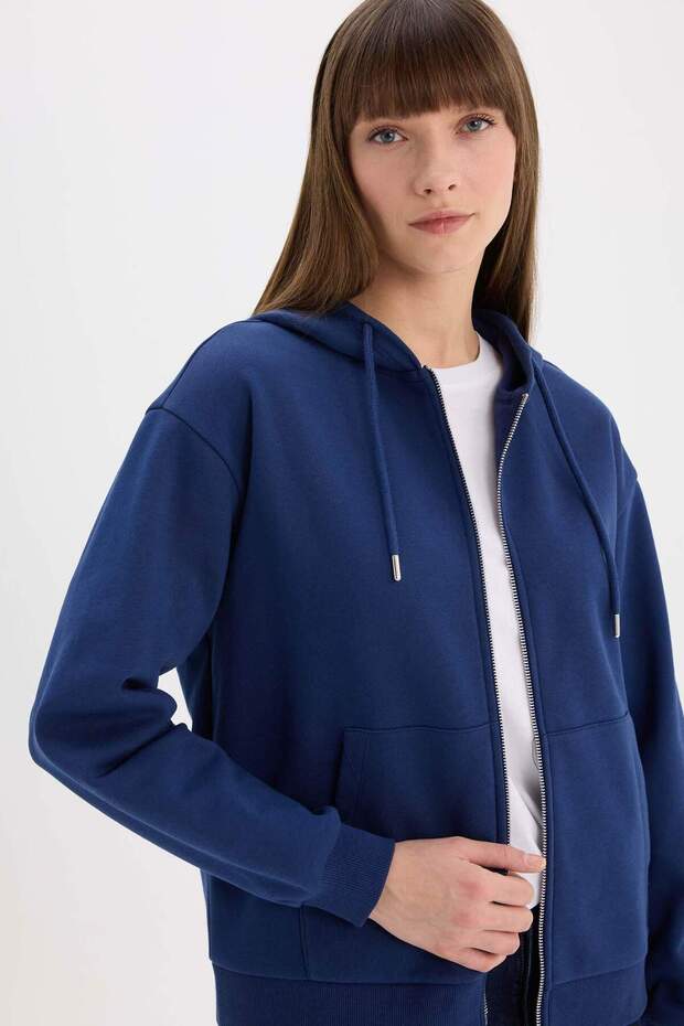 Relax Fit Kapüşonlu Basic Düz Kalın Fermuarlı Sweatshirt E8671AX25SP - 4