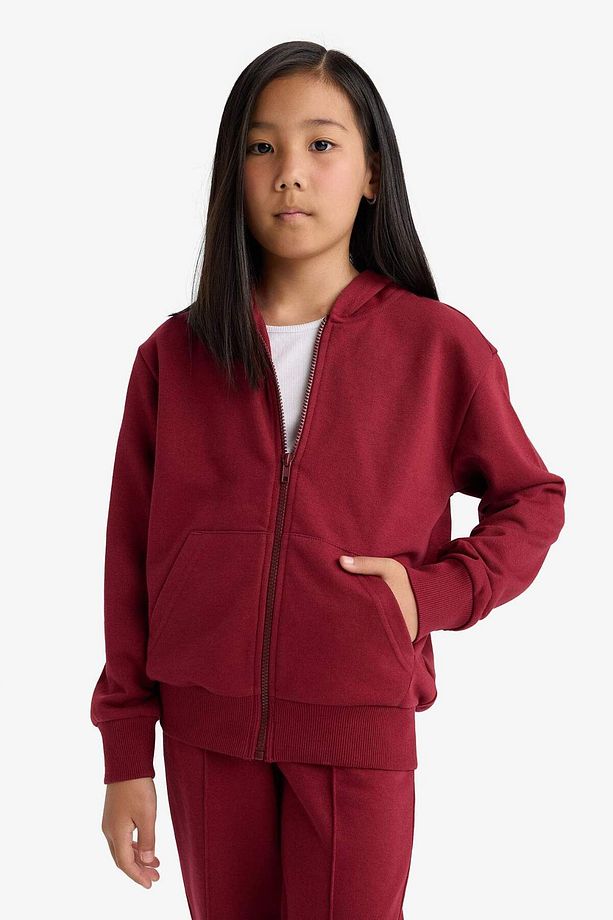 Kız Çocuk Basic Düz Kapüşonlu Fermuarlı Sweatshirt C8110A825AU - 4