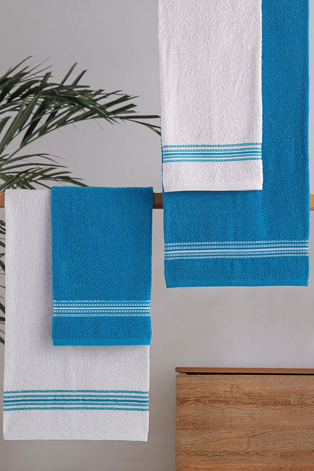 Banyo Havlusu Seti 4 Lü Turkuvaz-beyaz Elvin – Yumuşak Doku, Çabuk Kuruma (70X140 X2 /50X90CM X2 CM) - 1
