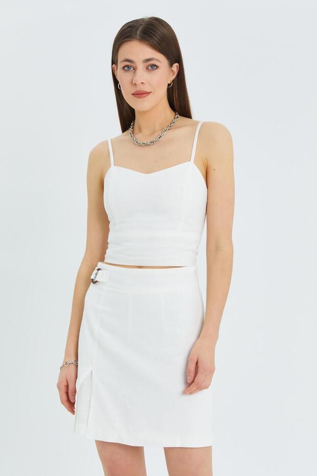 4564 Women's Gipe Detailed Strappy Linen Blouse Ecru