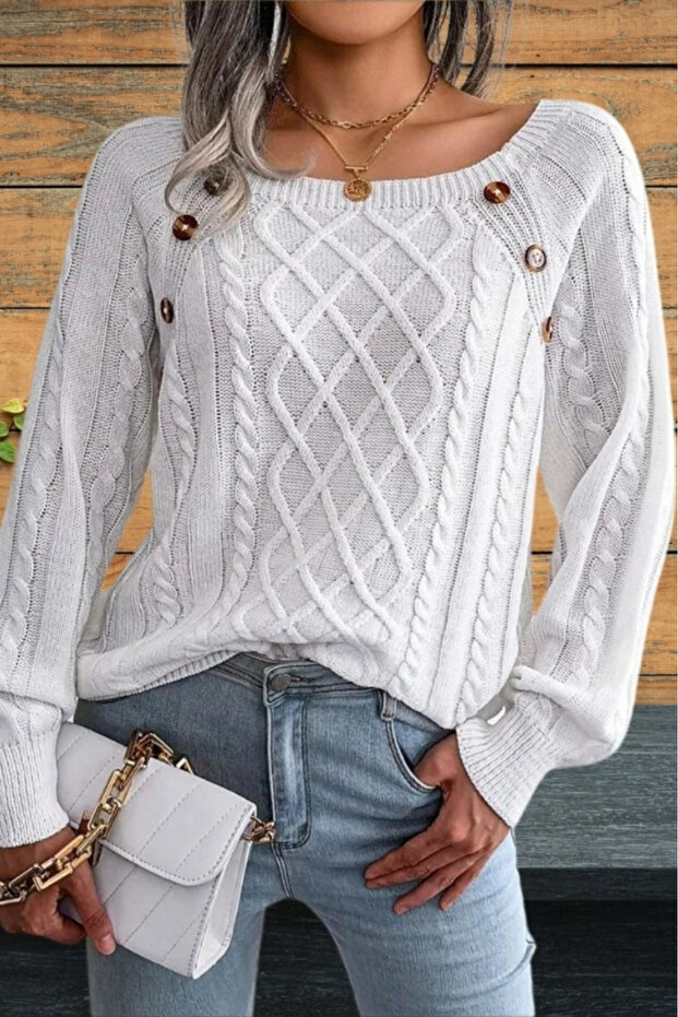 Women's Boat Neck Hair Knit Patterned Button Detailed White Knitwear Sweater