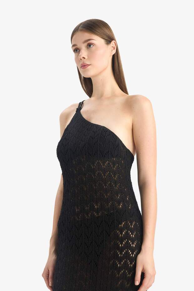 Regular Fit Tek Omuzlu Siyah Triko Plaj Elbisesi-Fall in Love Z9665AZ25HS - 4