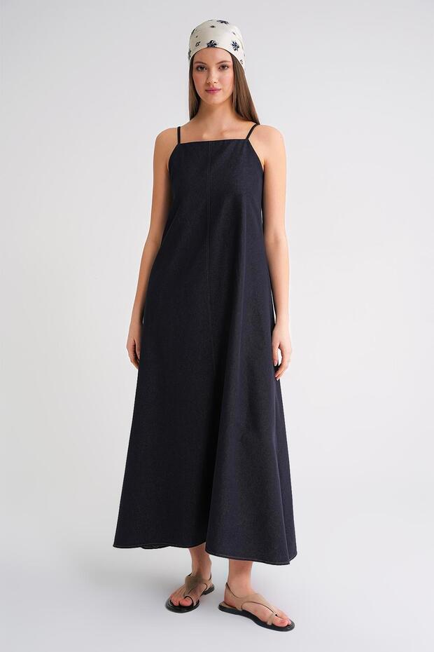 4687 Women's Rope Strap Midi Denim Dress Navy Blue