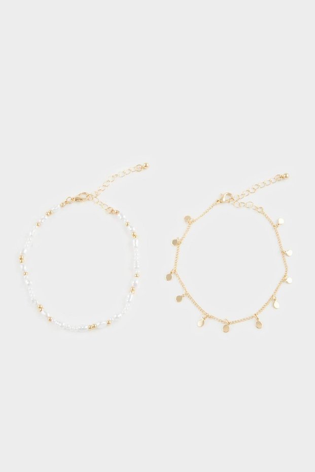 Women's 2-Piece Pearl Gold Anklet F6910Axns