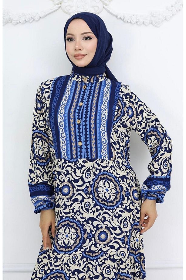 Çini Desenli Düğmeli Elbise - 3