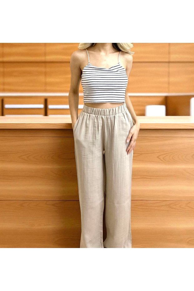 Women's Muslin Fabric Wide Leg Pants – Elastic Waist Detail