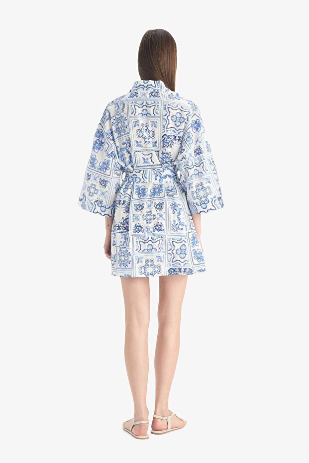 Regular Fit Desenli Kuşaklı Pamuklu Kimono-Fall in Love D0453AX25SP - 8