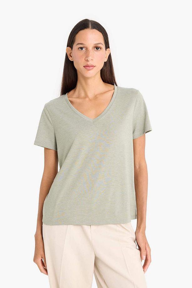 Regular Fit V Yaka Basic Düz Kısa Kollu Tişört F4214AXNS - 4