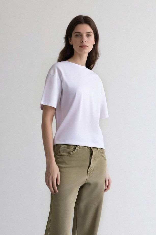 Oversize Geniş Kalıp Bisiklet Yaka Basic Düz Kısa Kollu Beyaz Tişört F3454axns - 4