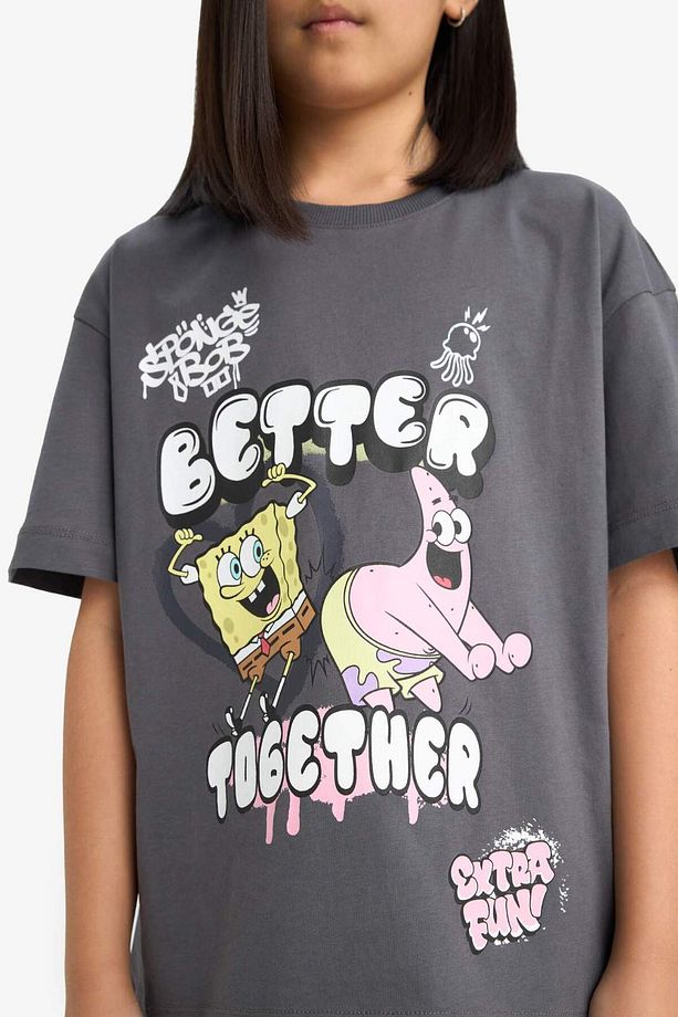 Kız Çocuk Spongebob Oversize Geniş Kalıp Bisiklet Yaka Kısa Kollu Tişört E6565a825hs - 5