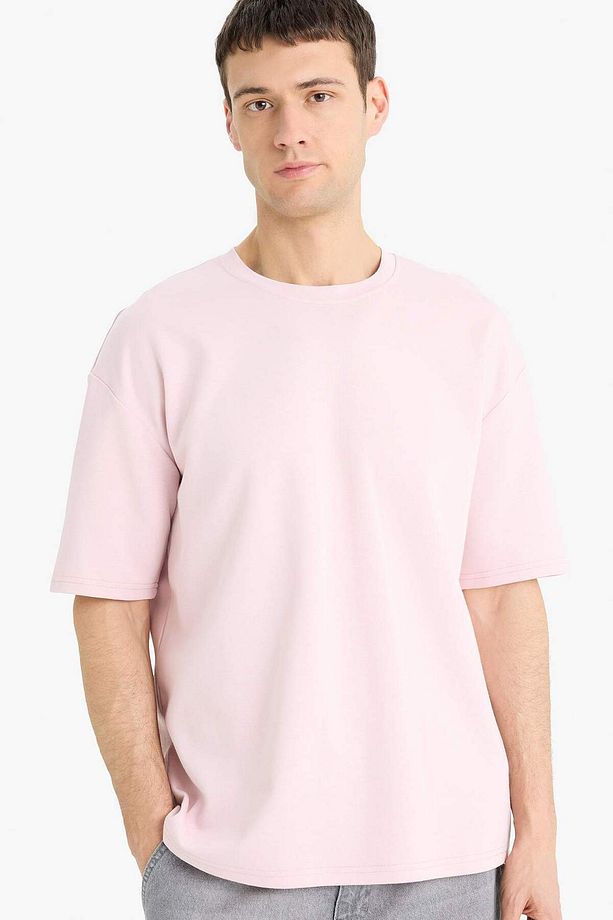 Oversize Geniş Kalıp Bisiklet Yaka Basic Düz Kısa Kollu Tişört E9798AX25SP - 1