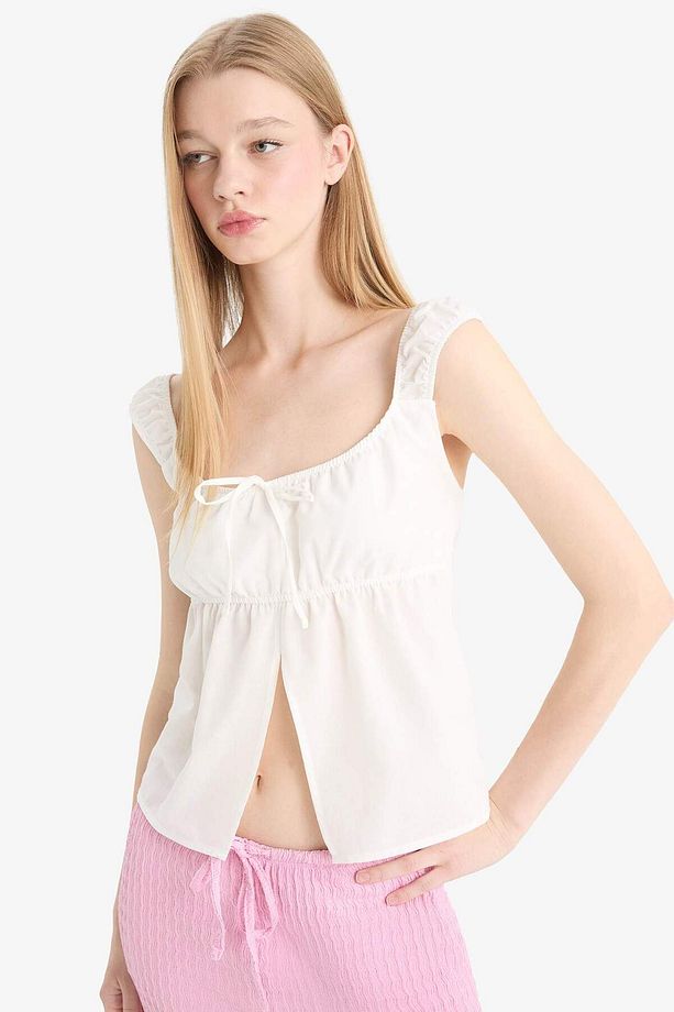 Coool Fitted U Yaka Yırtmaçlı Poplin Kalın Askılı Bluz F2321AX25SM - 4