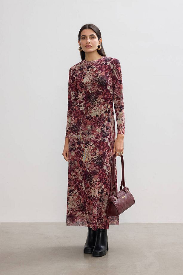 BORDO FLORAL TÜL ELBİSE - 1