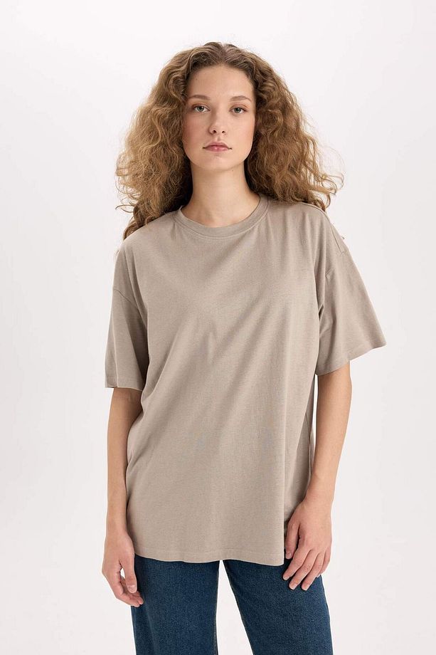 Oversize Geniş Kalıp Bisiklet Yaka Basic Düz Kısa Kollu Tişört V4136AZ25SM - 1