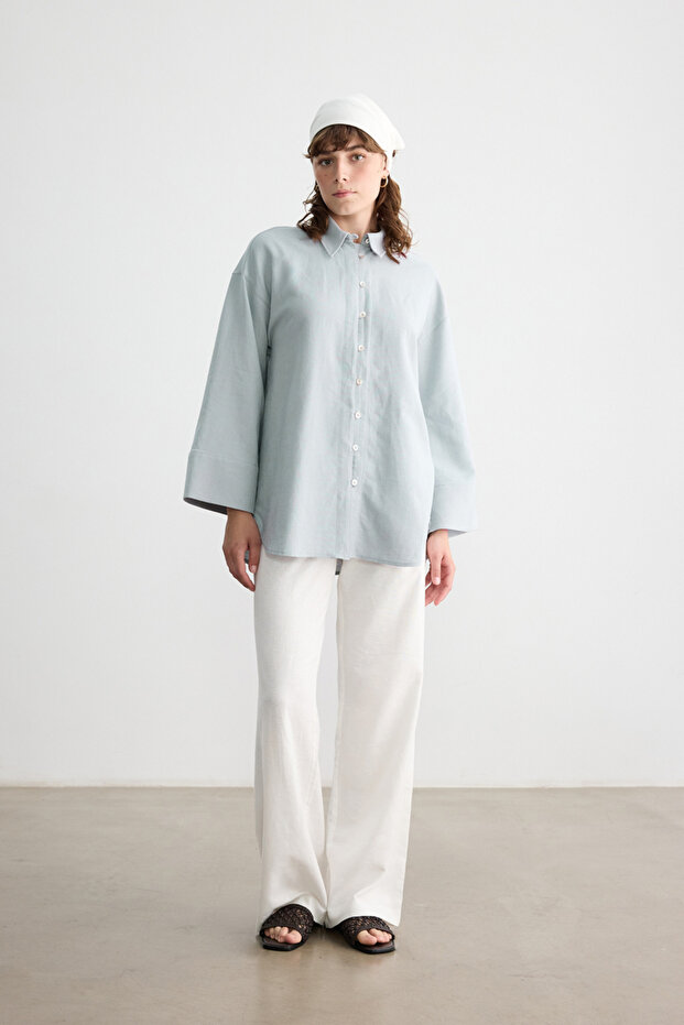 MAVİ DÜĞMELİ PAMUK KETEN GÖMLEK - 4