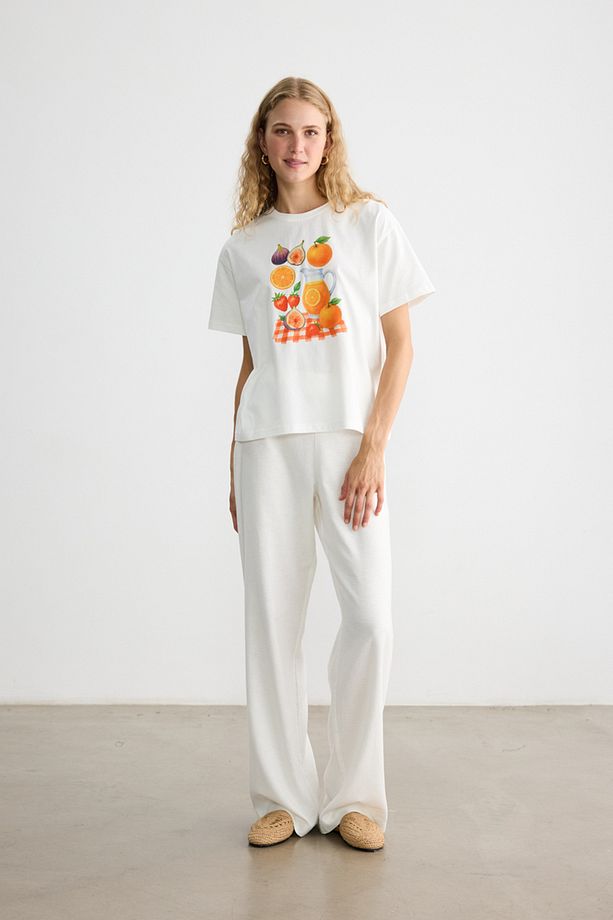 PORTAKAL BASKILI KISA KOLLU T-SHIRT - 4