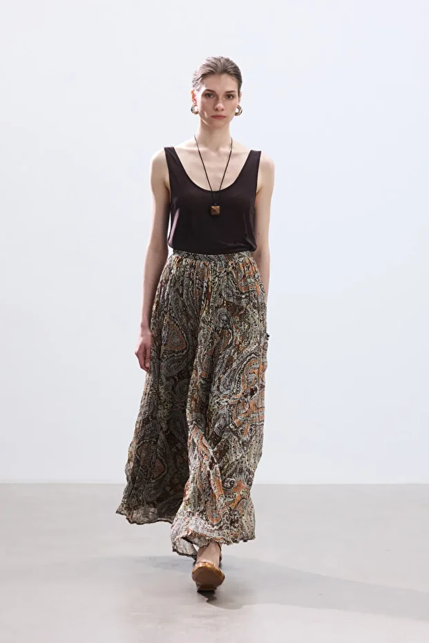 Brown Boho Patterned Skirt with Crash - 1