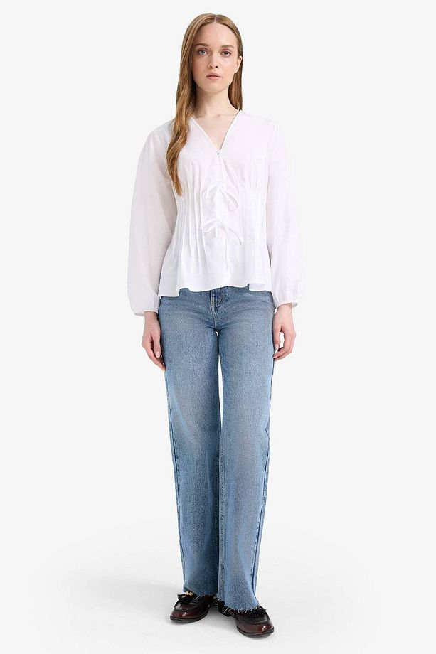 Regular Fit V Yaka Poplin Uzun Kollu Tesettür Bluz Tunik F2720AX25SM - 4