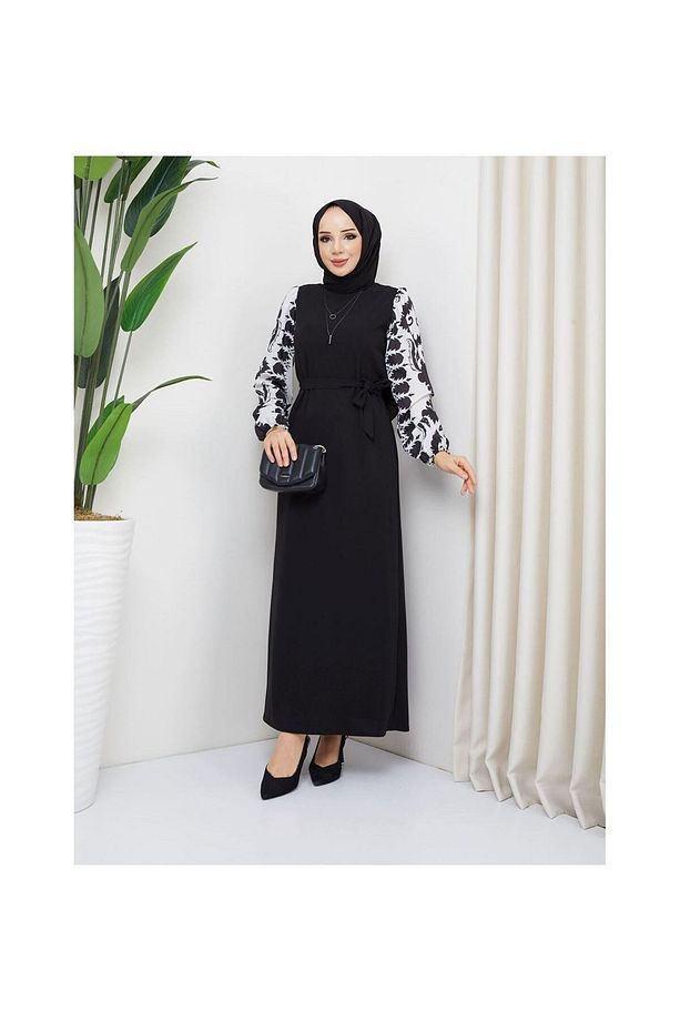 Yuvarlak Desenli Şifon Kollu Tuğba Model Elbise - Siyah - 4