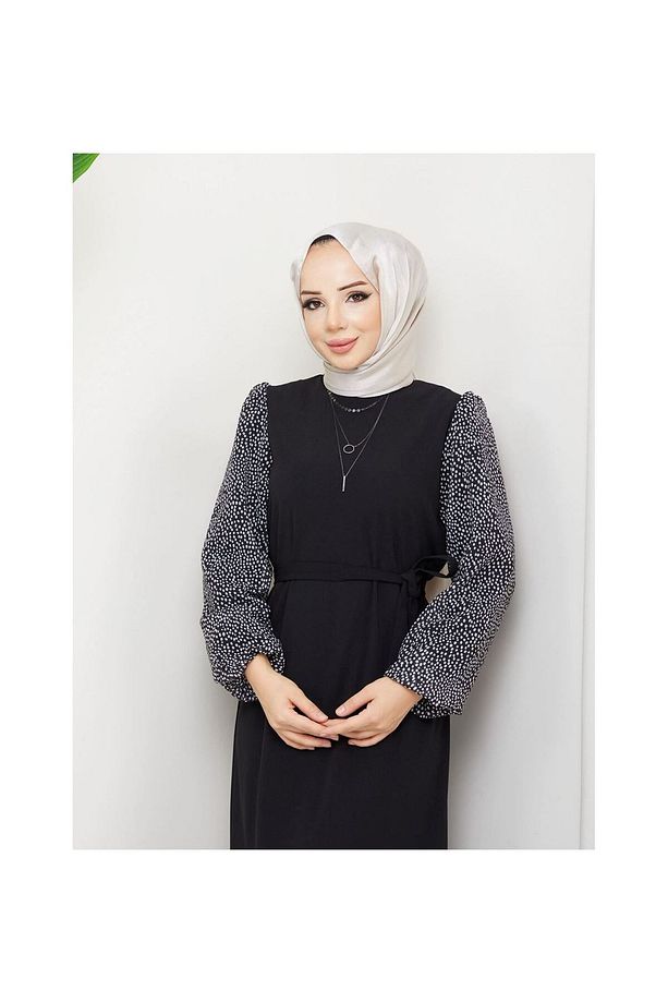 Yuvarlak Desenli Şifon Kollu Tuğba Model Elbise - Siyah Siyah - 4