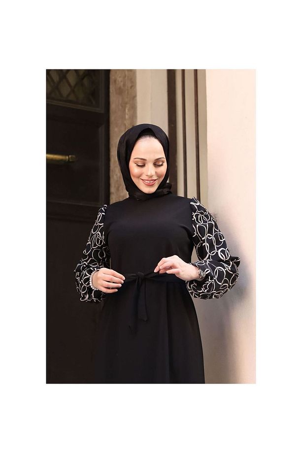 Yuvarlak Desenli Şifon Kollu Tuğba Model Elbise - Siyah - 5