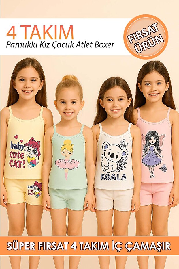Girls' Singlet Boxer 4-Piece Set Cotton Underwear with Cartoon Pattern - 4 Sets of Singlet Panties Set