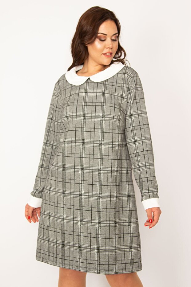 فستان نسائي منقوش بياقة أطفال باللون الرمادي مقاس كبير 65n33564 - 7