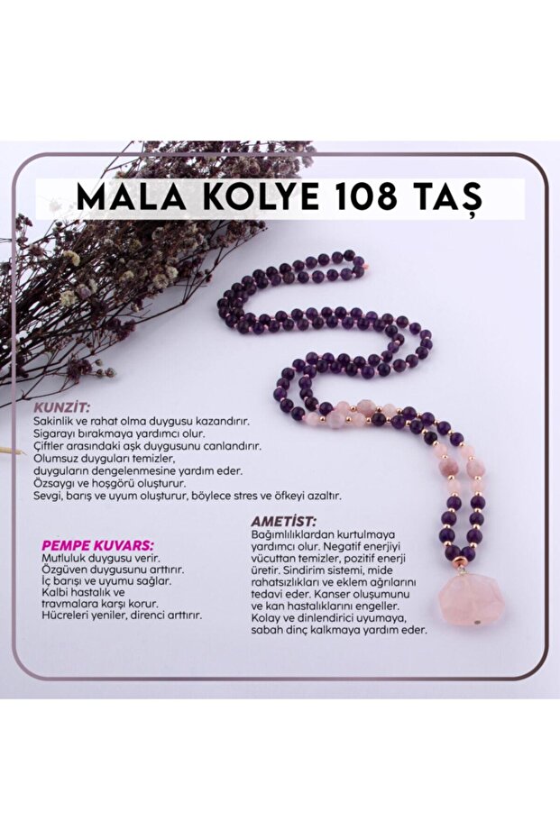 Certified Mala Necklace 108 Stones - Pink Quartz - Amethyst - Kunzite Model Code Odtö8k7