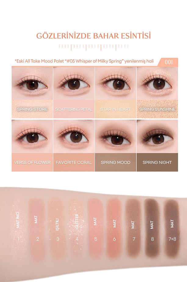 Pigmentli, 5 Farklı Dokulu Far Paleti PERIPERA All Take Mood Palette 001 Whisper Of Spring Coral - 4