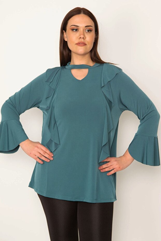 Women's Plus Size Green Collar and Flywheel Detailed Blouse 65n31382