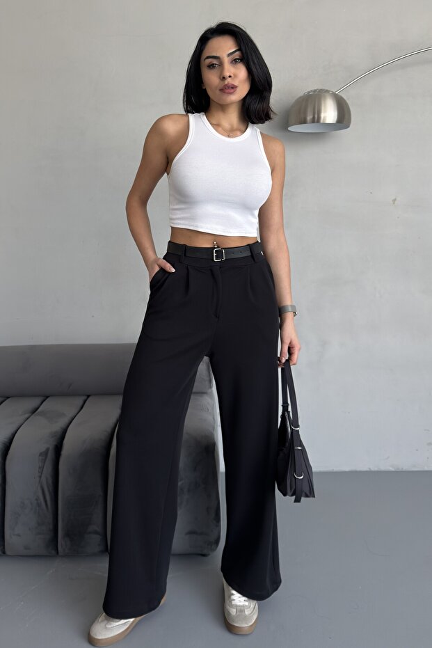 High Waist Wide Leg Belted Lycra Women's Palazzo Trousers - Black