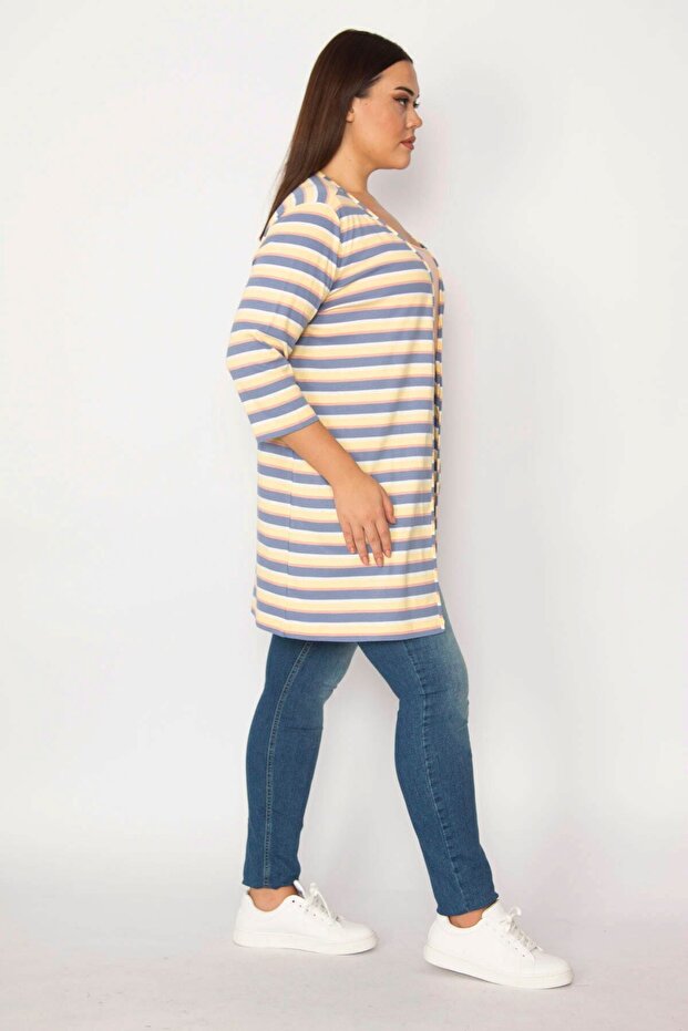 Women's Large Size Indigo Cotton Fabric Striped Cardigan 65n29655