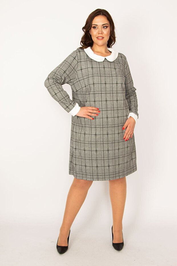 فستان نسائي منقوش بياقة أطفال باللون الرمادي مقاس كبير 65n33564 - 3