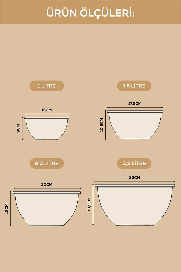 4’lü Yuvarlak Kase Seti Antrasit | 1l, 1.5l, 2.3l, 3.3l | Kapaklı Çok Amaçlı Mutfak Saklama Kabı - 5