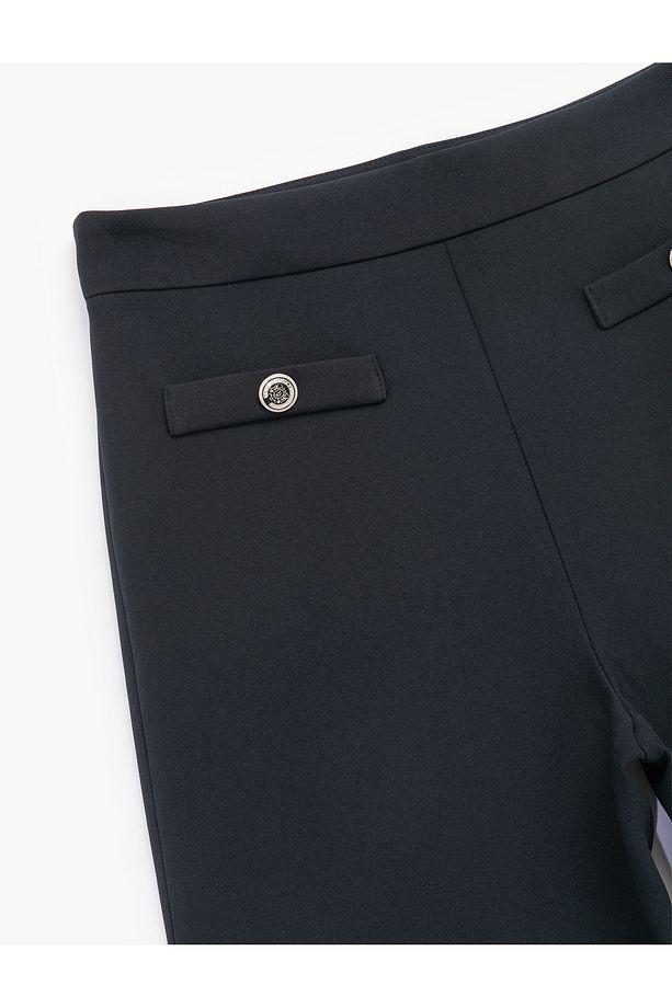 Yüksek Bel Düğmeli Cep Detaylı Geniş Paça Pantolon - 5