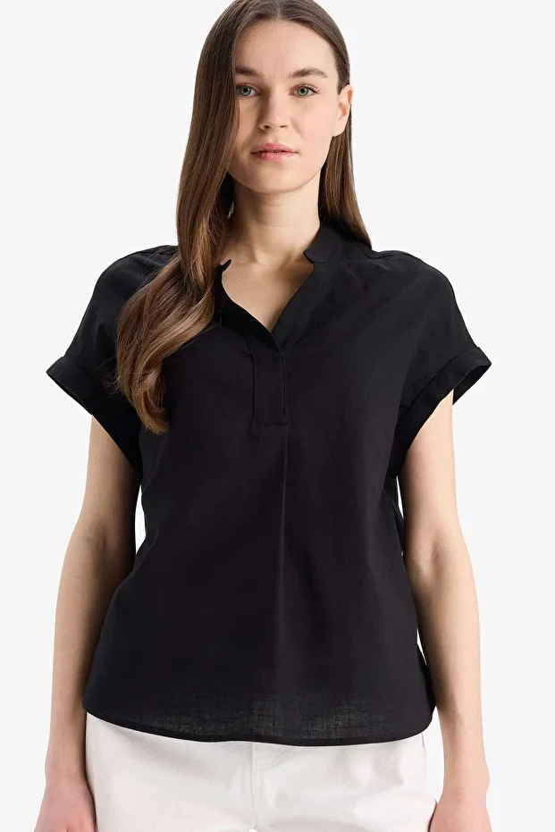 Regular Fit Apaş Yaka Flamlı Pamuk Kısa Kollu Bluz E7105AX25SP - 3