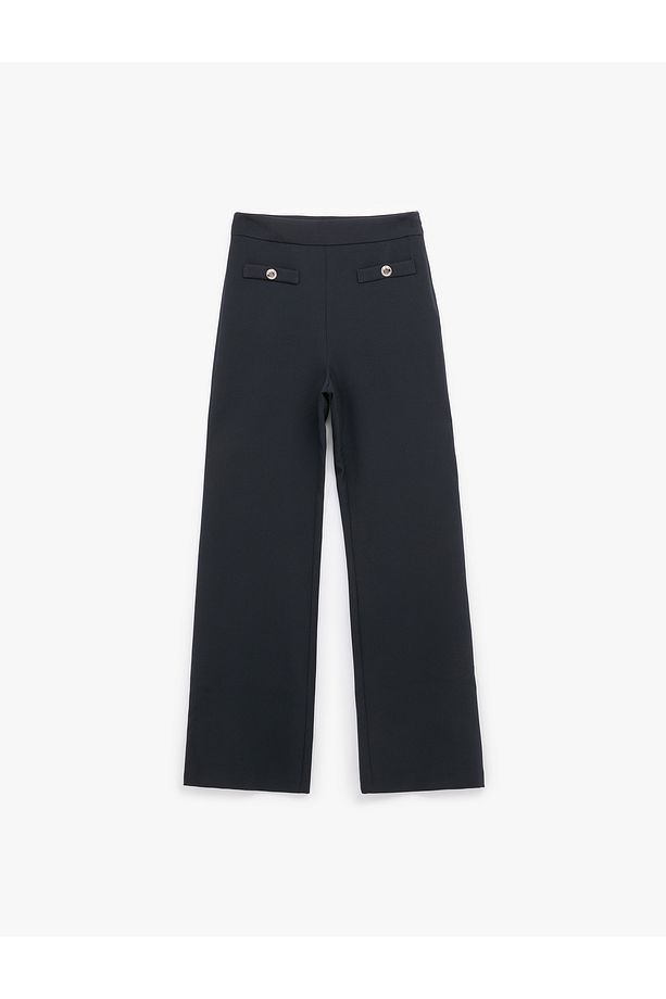 Yüksek Bel Düğmeli Cep Detaylı Geniş Paça Pantolon - 3