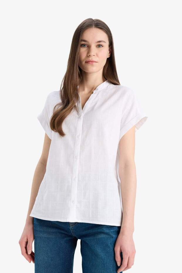 Regular Fit Kaçık Yaka Flamlı Pamuk Kısa Kollu Gömlek E7097AX25SP - 4