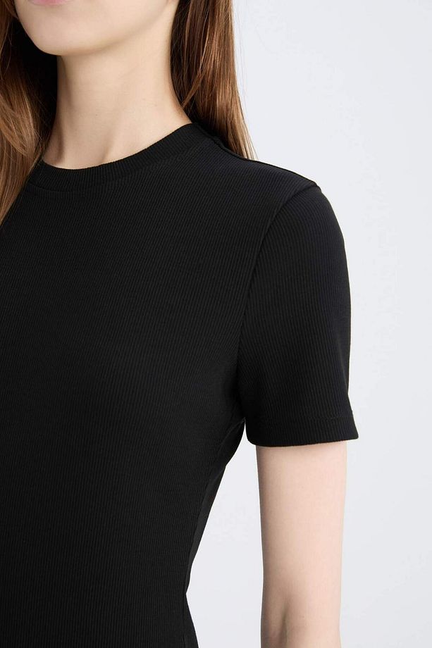 Bodycon Vücudu Saran Bisiklet Yaka Basic Düz Fitilli Kaşkorse Kısa Kollu Midi Elbise E6926AX25SP - 5