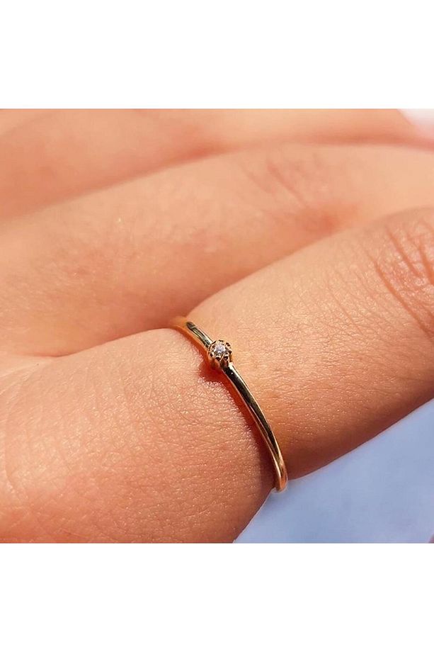 Minimal Altın Yüzük - 14 Ayar Altın 0.05 Ct Zirkon Taşlı Minimal Tektaş Evlilik Teklifi Yüzüğü - 5