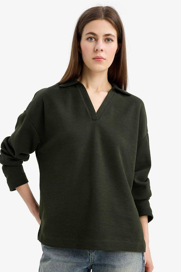 Relax Fit Polo Yaka Basic Düz Uzun Kollu Tişört E8681AX25SP - 4