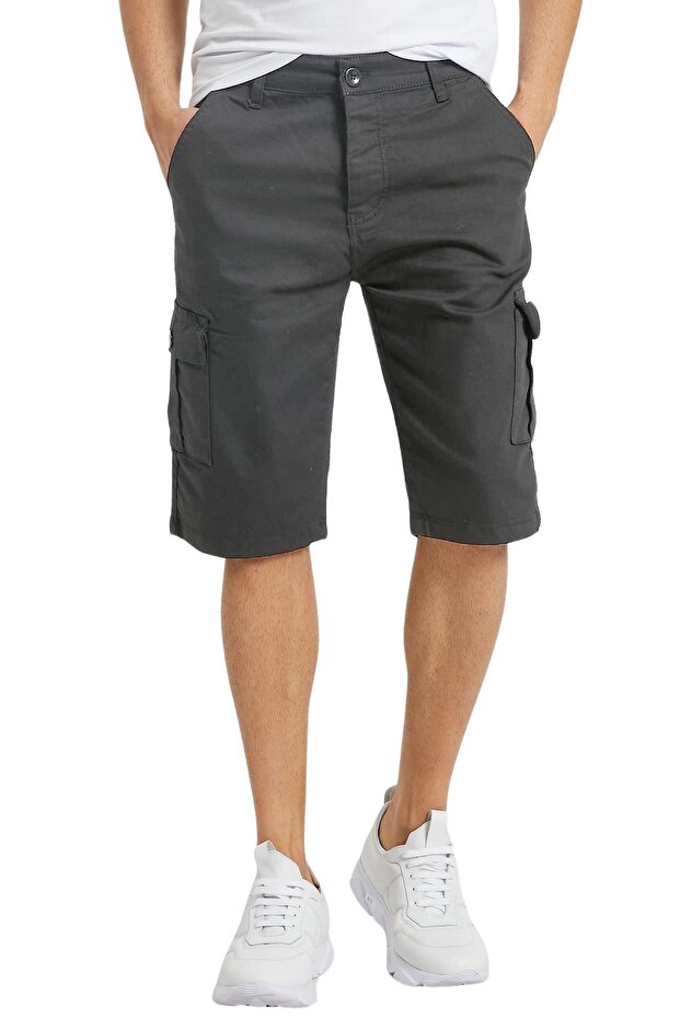 Męskie szorty jeansowe cargo z elastycznego materiału, dopasowane, bez kieszeni bocznych i jeansu - 1
